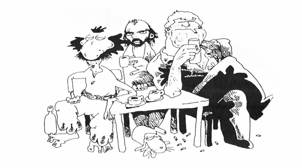 Inodoro Pereyra, Mendieta, Boogie el Aceitoso y el propio Roberto Fontanarrosa, caricaturizado por él mismo.