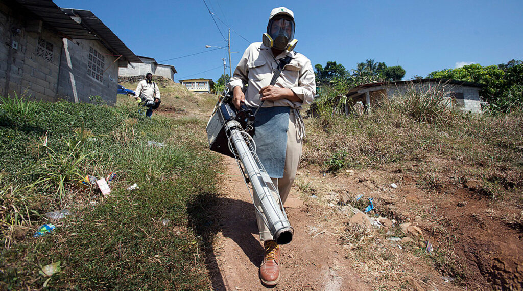 Persona ataviada con ropa y máscara para fumigar contra los mosquitos portadores del dengue.