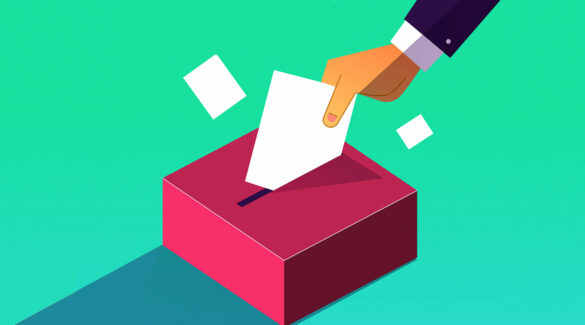 Ilustración de mano depositando sobre con su voto en urna.