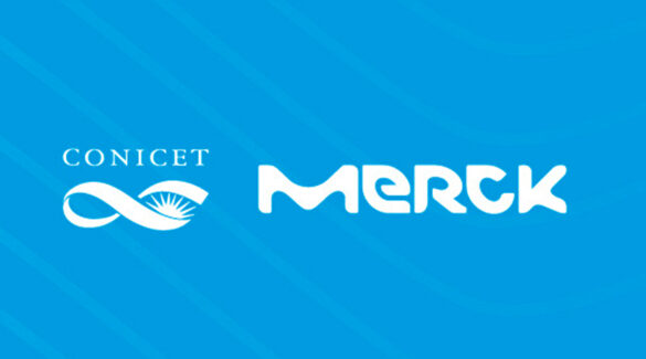 logos de Merck y Conicet sobre fondo azul.