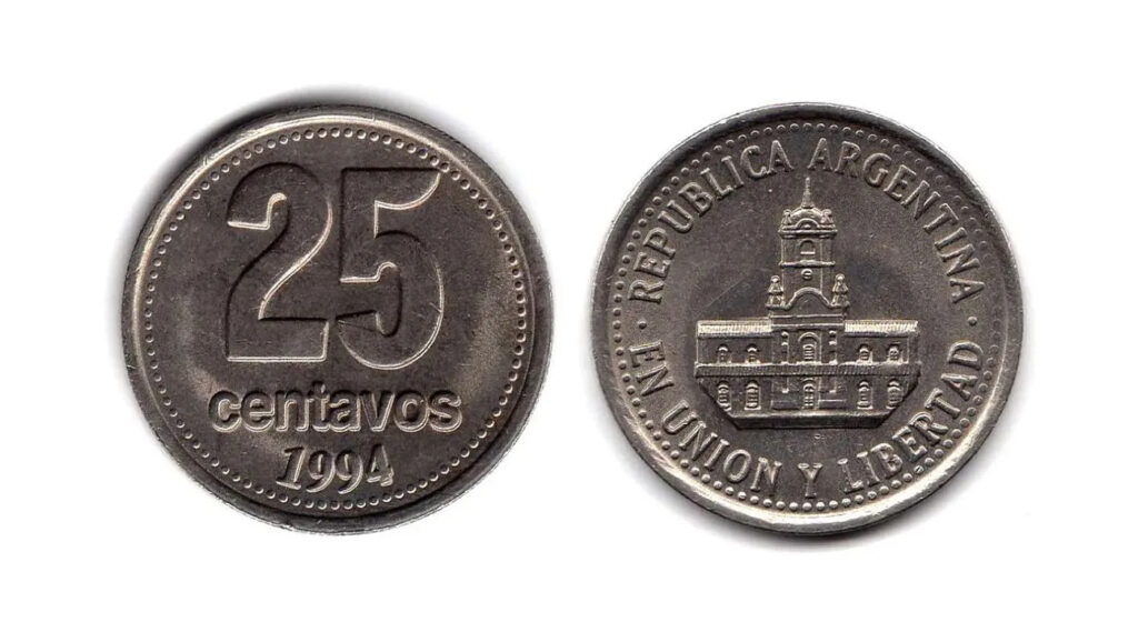 Cara y ceca de una moneda de 25 centavos
