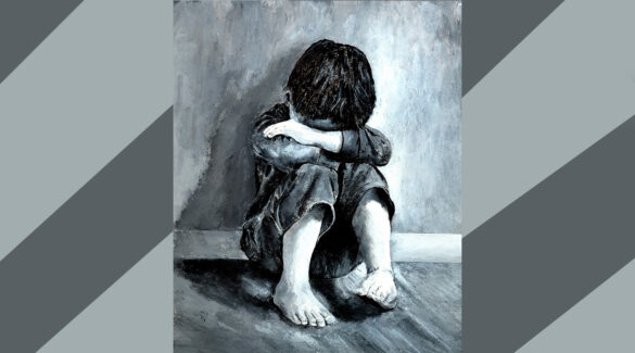Pintura del artista Emilio Segovia, donde se ve un niño sentado tapándose la cara.