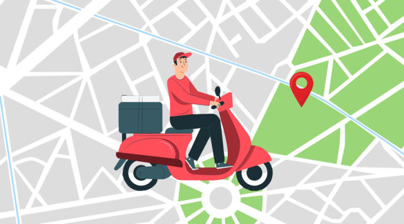 Vector de persona haciendo delivery en moto con un fondo de mapa.