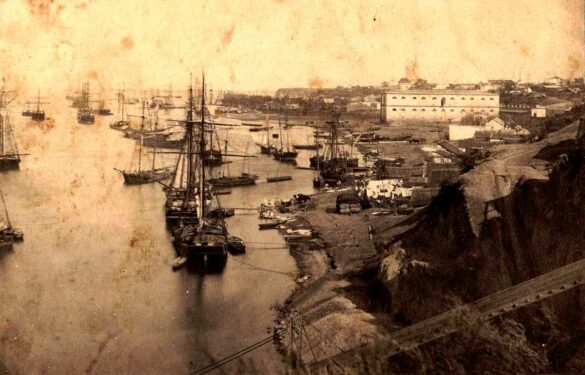 vista del puerto y aduana de Rosario, Santa Fe, circa 1868. Fue una de las posibles ciudades para ser la capital de la república