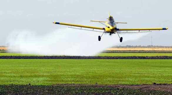 Avioneta fumigando un campo sembrado.