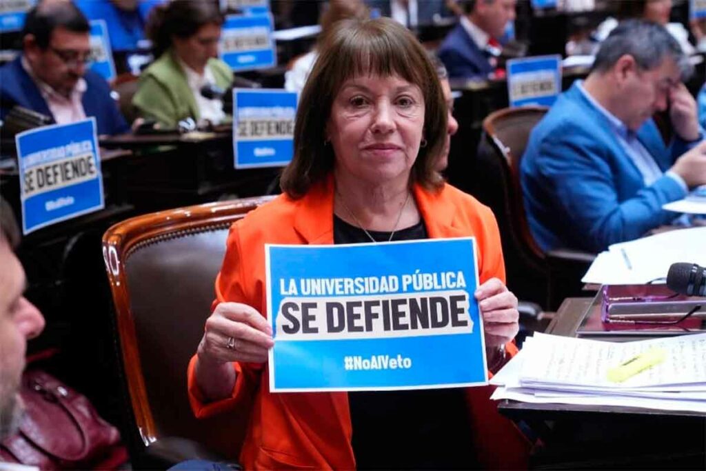 Diputada Blanca Osuna en el recinto de diputados, sosteniendo un cartel que dice "la universidad pública se defiende".