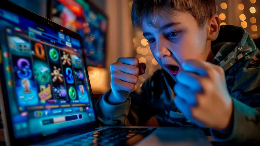 Niño exultante jugando con un juego de computadora.