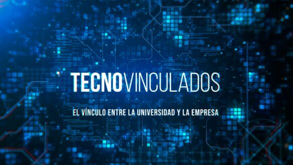 Fondo futurista con la leyenda "Tecnovinculados: la vinculación entre la universidad y la empresa"