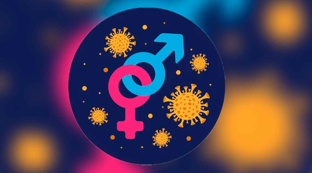 Imagen en vectores con símbolo masculino y femenino e iconografía de virus.
